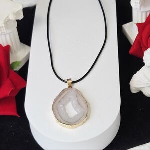 White Black Veined Druzy Agate Teardrop Necklace Geode Slice Gold Edge Pendant